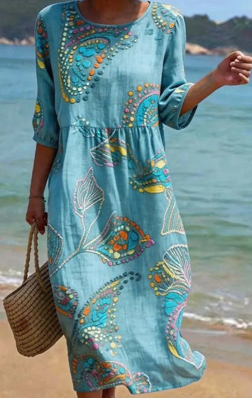 Women's 3D Floral Print Long-Sleeve A-Line Dress – Crew Neck Loose Fit