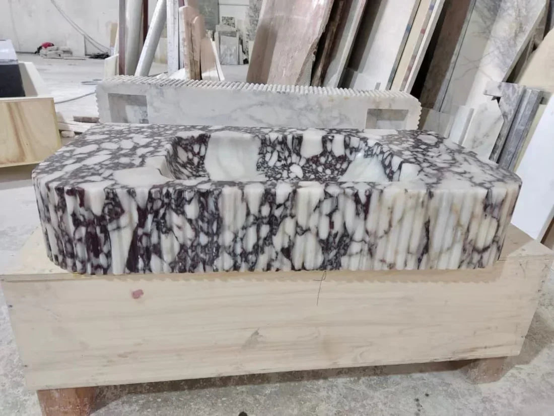 Calacatta Viola Marble Wall-mount Bathroom Vanity Sink - Ribbed Textured 18x32