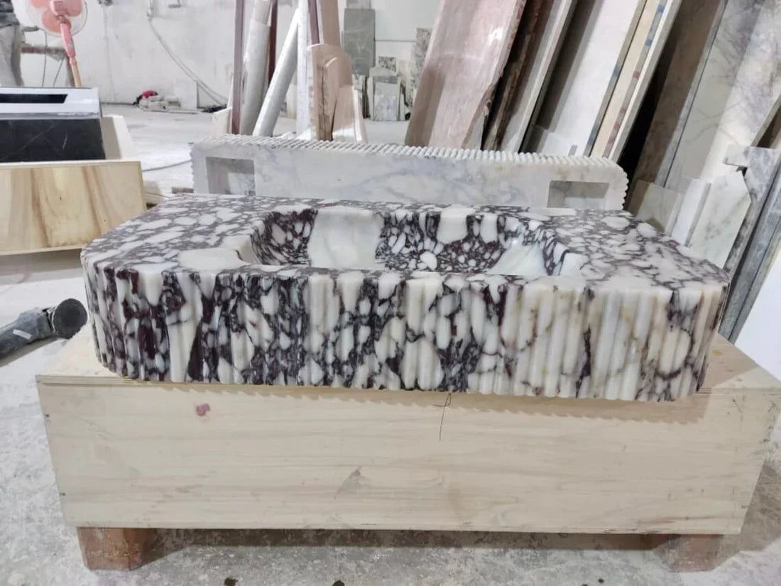 Calacatta Viola Marble Wall-mount Bathroom Vanity Sink - Ribbed Textured 18x32