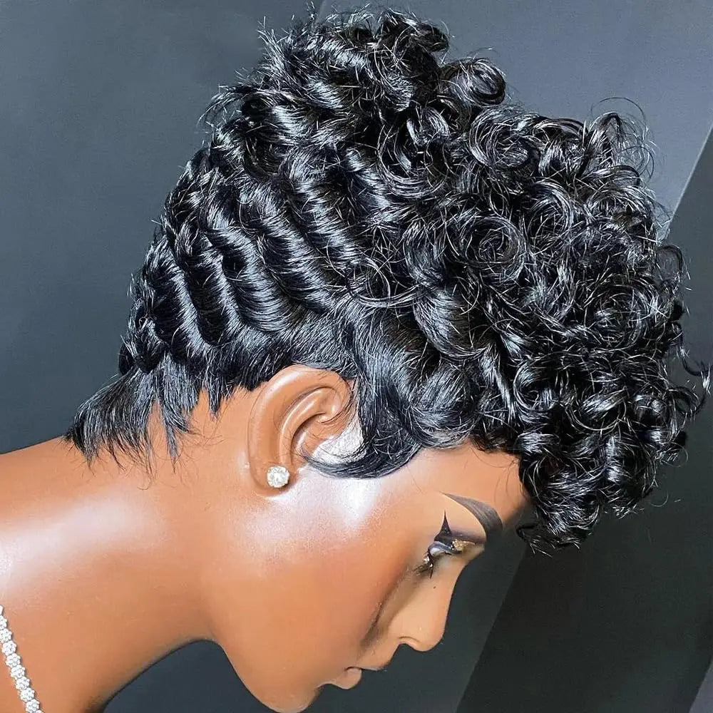 hort Pixie Wigs for Black Women Short Black Curly Pixie Wigs Synthetic Hair Wigs for Black Women Natural Wavy Black Pixie *China