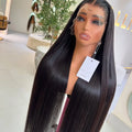 Long Straight 13X4 Lace Frontal Wig Black Color Synthetic Wigs For Black Women Preplucked With Baby Hair Bleach Knots Glueless