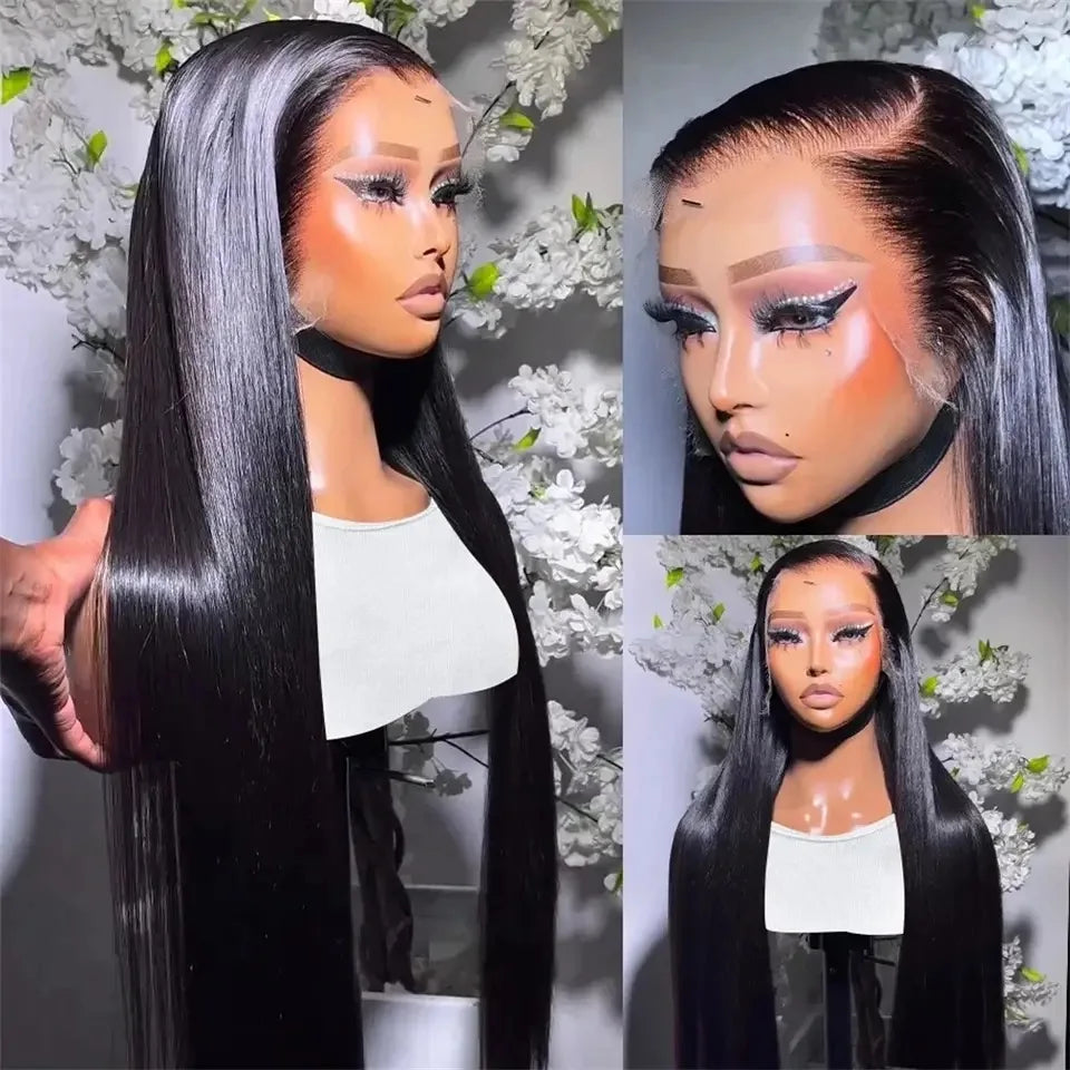 Long Straight 13X4 Lace Frontal Wig Black Color Synthetic Wigs For Black Women Preplucked With Baby Hair Bleach Knots Glueless