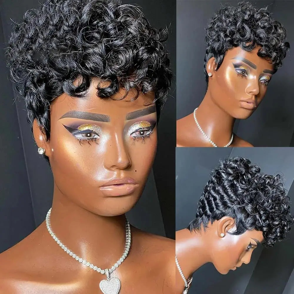 hort Pixie Wigs for Black Women Short Black Curly Pixie Wigs Synthetic Hair Wigs for Black Women Natural Wavy Black Pixie *China