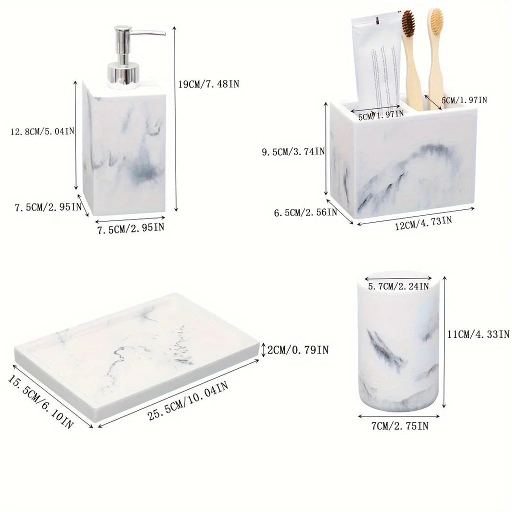 European Style 5-Piece Bathroom Accessory Set with Faux Marble Design - Includes Soap Dispenser, Toothbrush Holder, Tumbler, Soap Dish, and Tray - Elegant Vanity Countertop Ensemble for Home or Hotel Decor