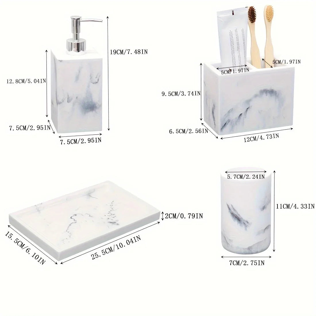 European Style 5-Piece Bathroom Accessory Set with Faux Marble Design - Includes Soap Dispenser, Toothbrush Holder, Tumbler, Soap Dish, and Tray - Elegant Vanity Countertop Ensemble for Home or Hotel Decor