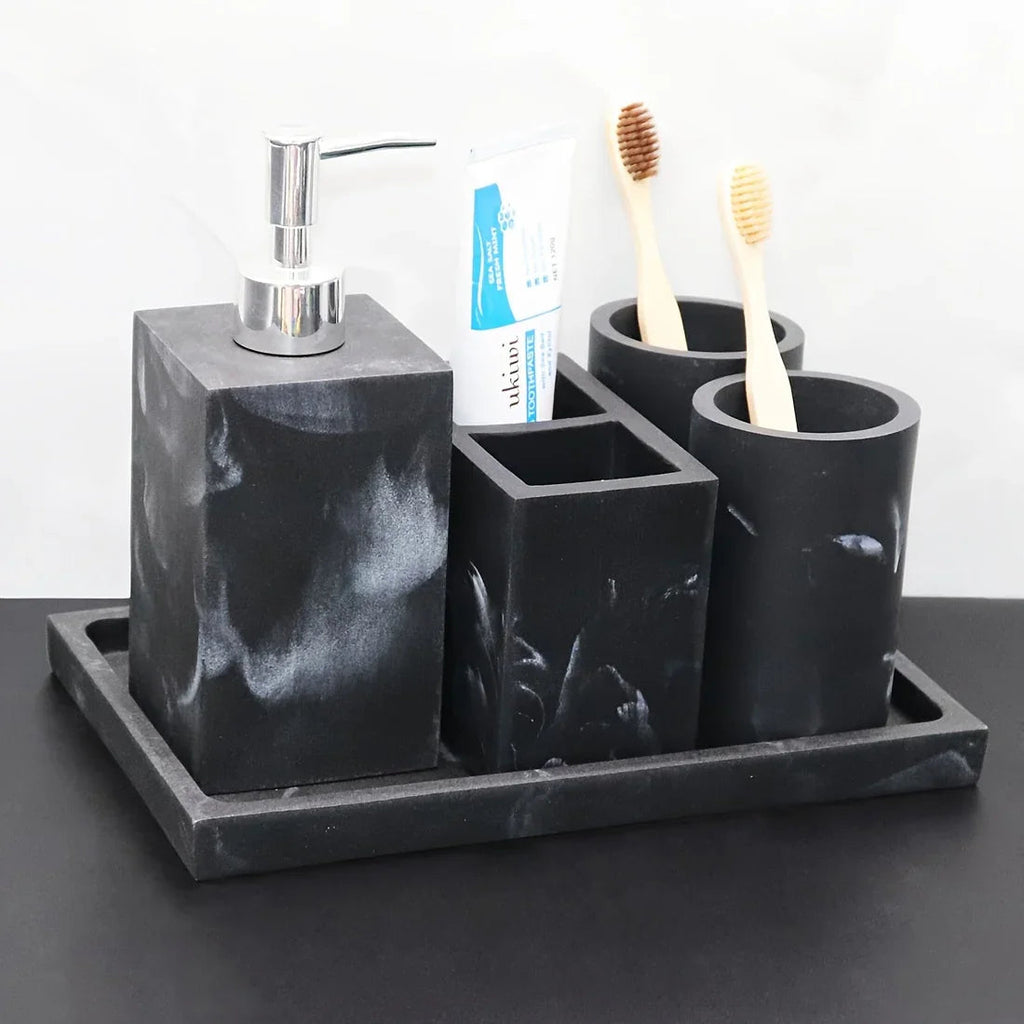 European Style 5-Piece Bathroom Accessory Set with Faux Marble Design - Includes Soap Dispenser, Toothbrush Holder, Tumbler, Soap Dish, and Tray - Elegant Vanity Countertop Ensemble for Home or Hotel Decor